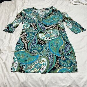Banana Republic Factory Teal, Navy and White Paisley Dress Petite Medium